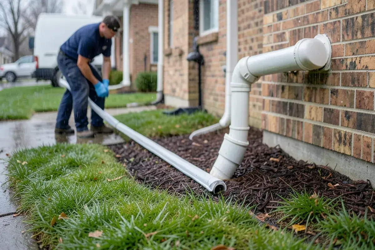 Downspout extension carrying rainwater across a lawn away from a brick foundation in spring