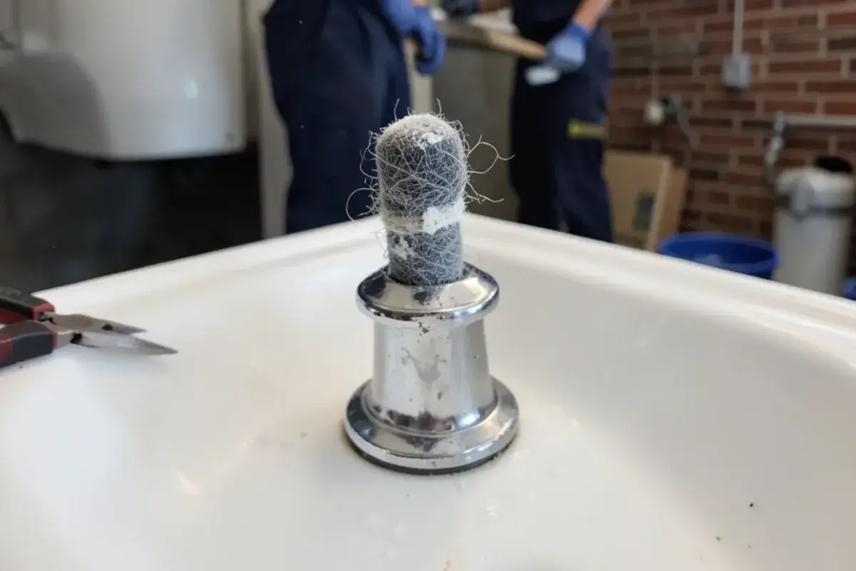 Bathroom sink pop-up stopper pulled out and wrapped in hair and soap residue