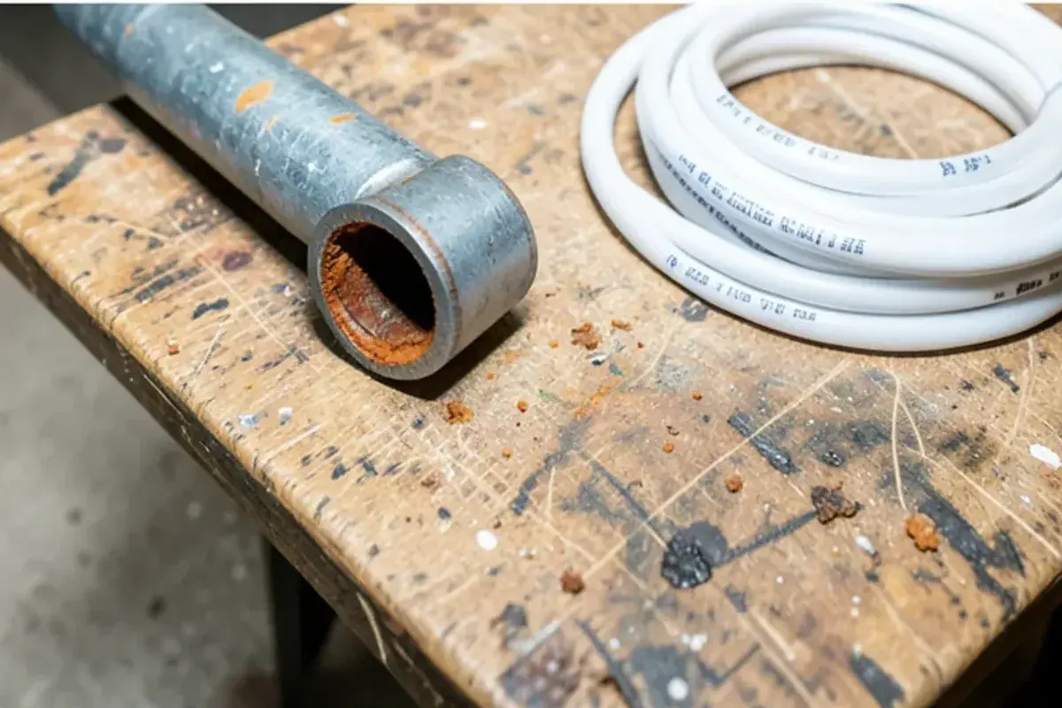 Cut section of galvanized water pipe with its opening narrowed by rust next to new PEX tubing