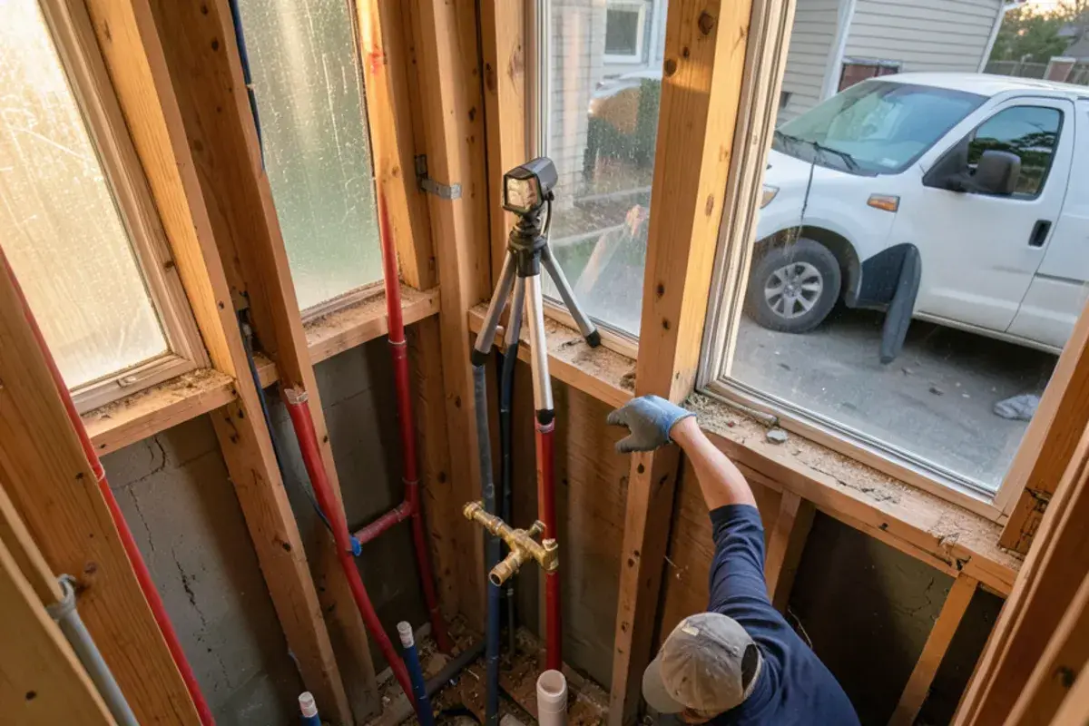 Open bathroom wall showing new PEX supply stubs, a drain stub and a shower valve body during bathroom remodel plumbing