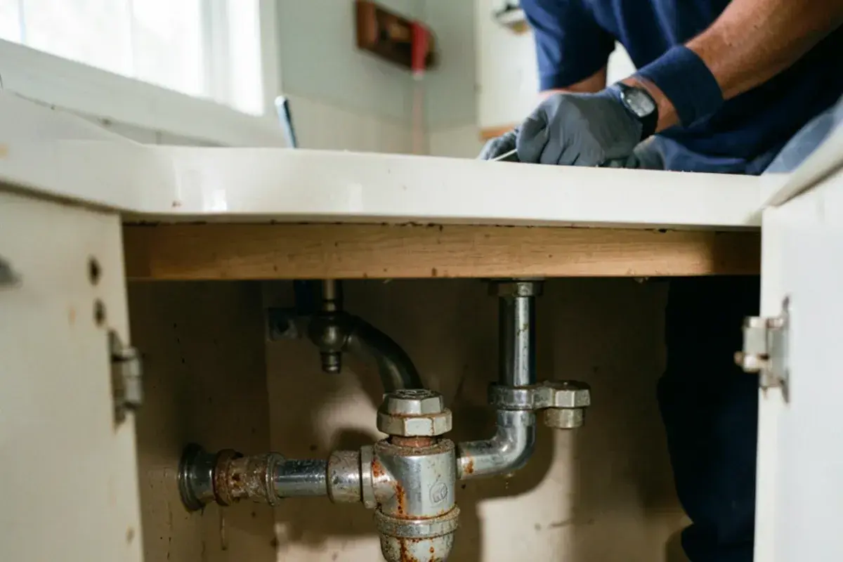 Rusted chrome trap and old multi-turn stop valves under a bathroom vanity before replacement