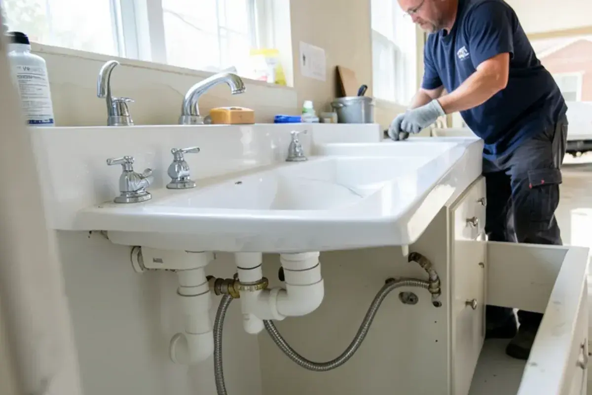 New PVC trap, quarter-turn stop valves and braided supply lines under a bathroom vanity after vanity plumbing repair