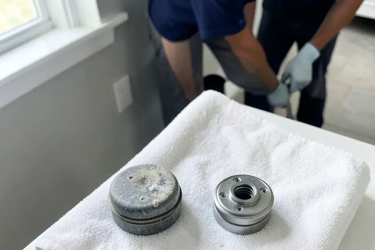 Scaled pressure-balance shower cartridge beside a new replacement on a tub ledge
