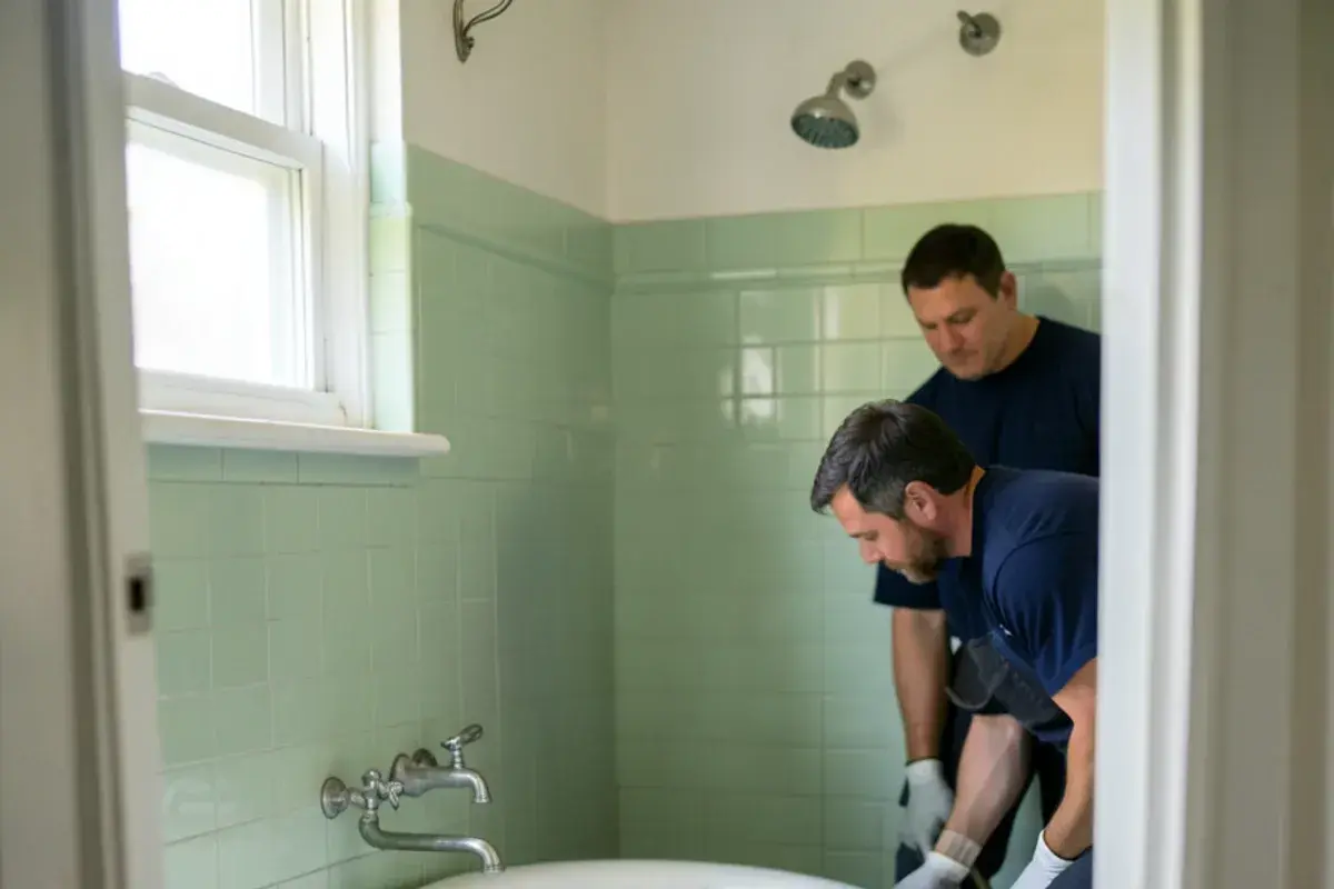 Older bathtub with a three-handle valve and dated tile before a walk-in shower conversion