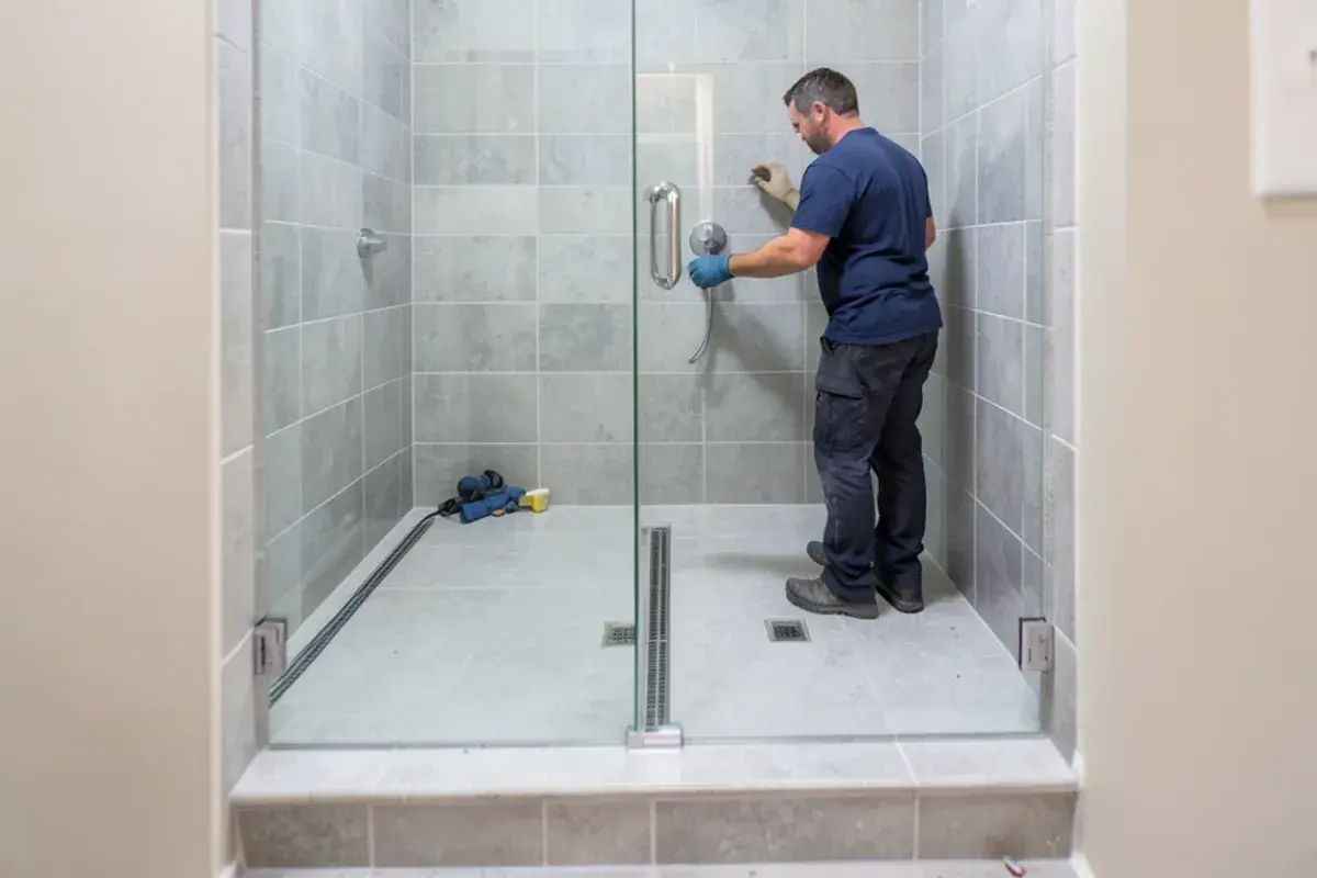 Walk-in shower with a single-handle valve, glass panel and linear drain after a tub-to-shower conversion