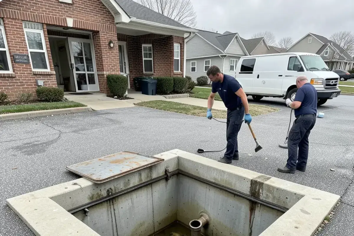Open in-ground grease interceptor behind a restaurant showing its baffles and outlet tee