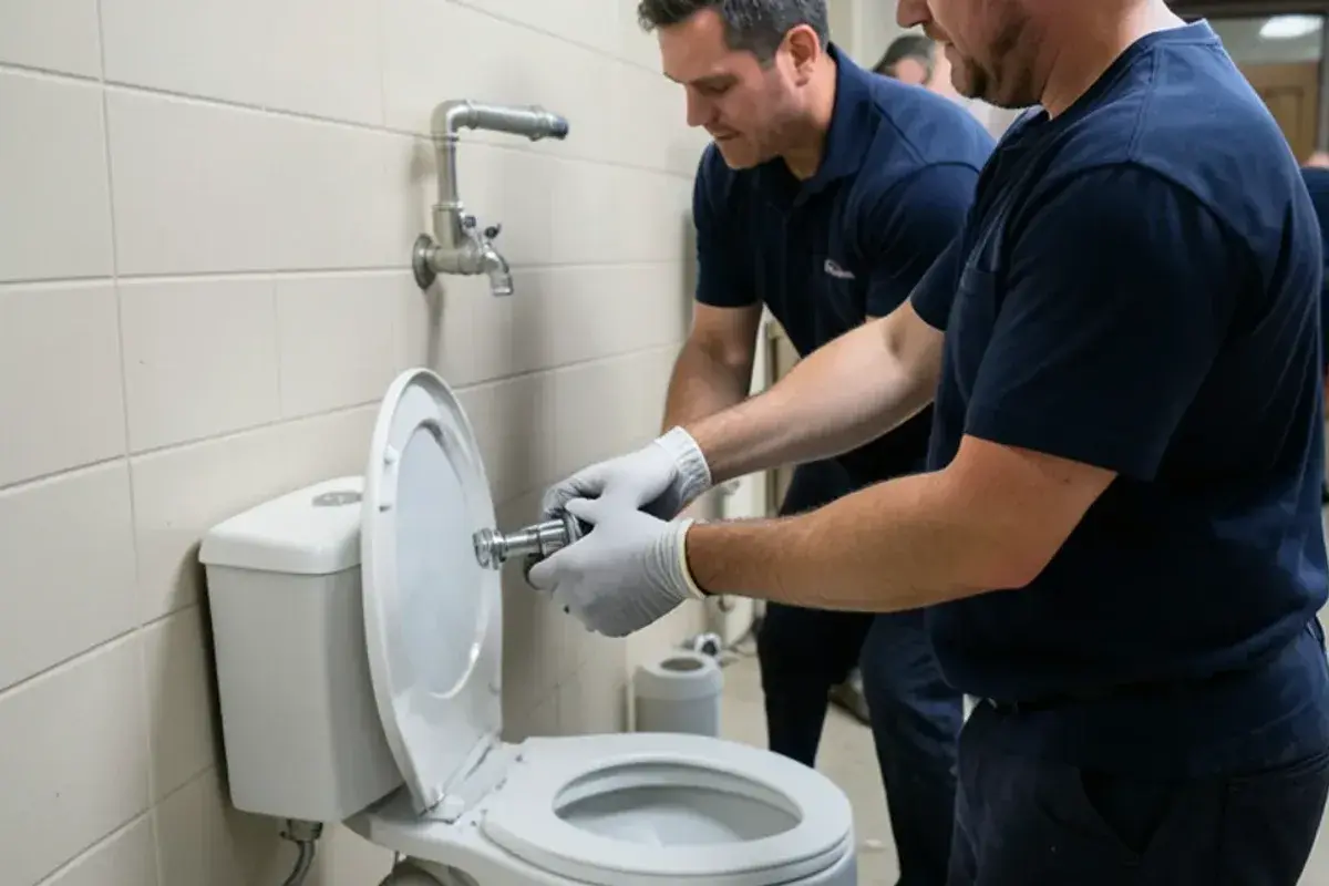 Plumber rebuilding a flushometer valve on a toilet in an office restroom