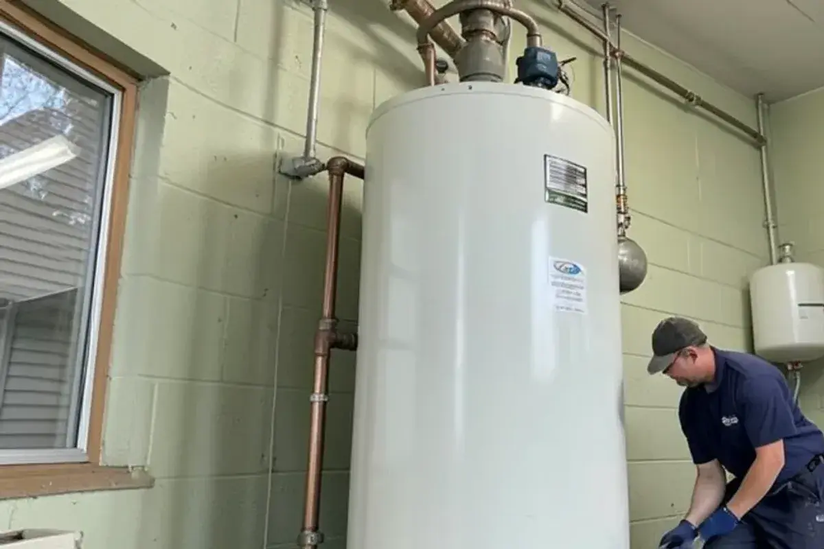 Commercial gas water heater with recirculation pump in a small business utility room