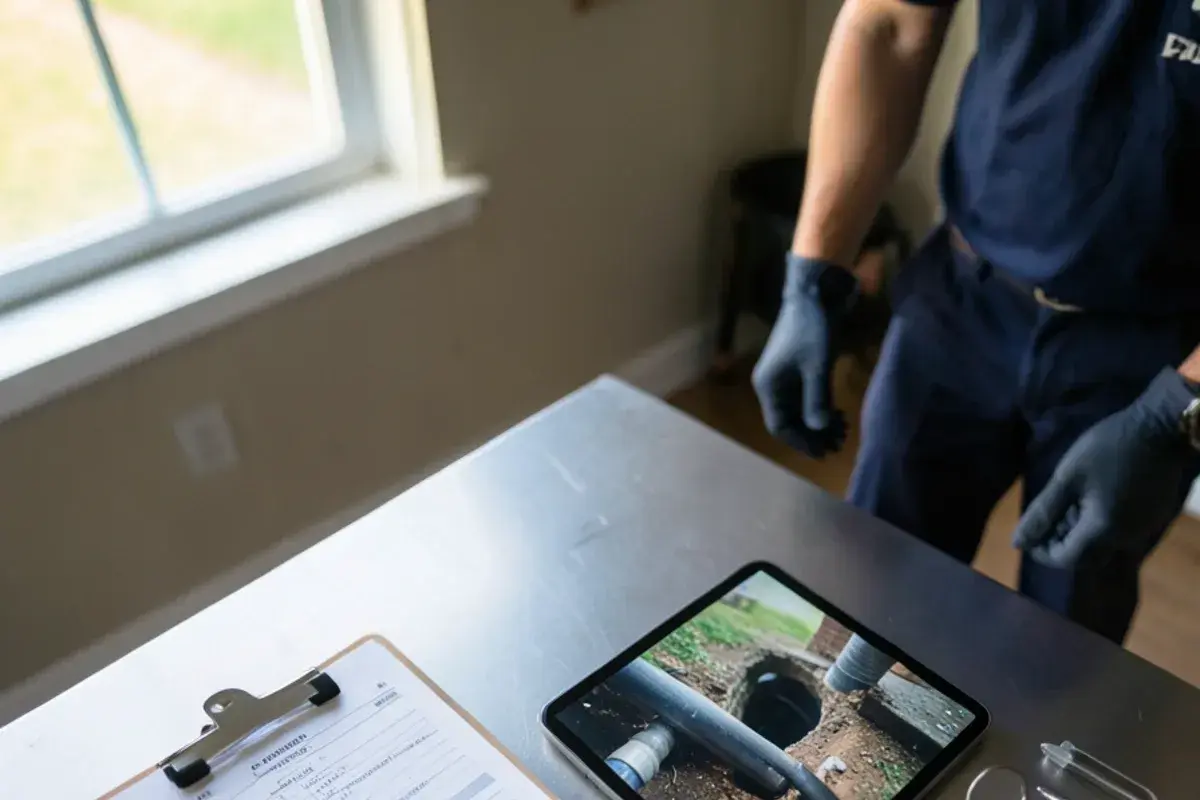 Clipboard with a plumbing service log next to a tablet showing a drain camera image on a shop counter