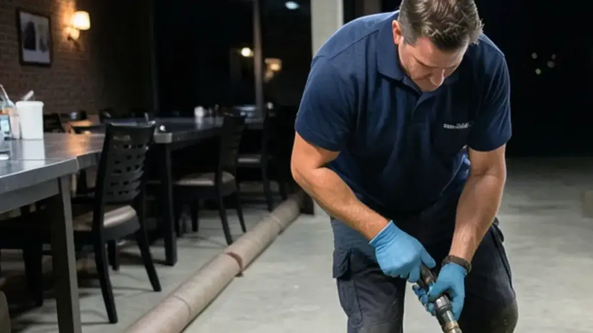 Plumber jetting a commercial kitchen floor drain after closing in a Macomb County restaurant
