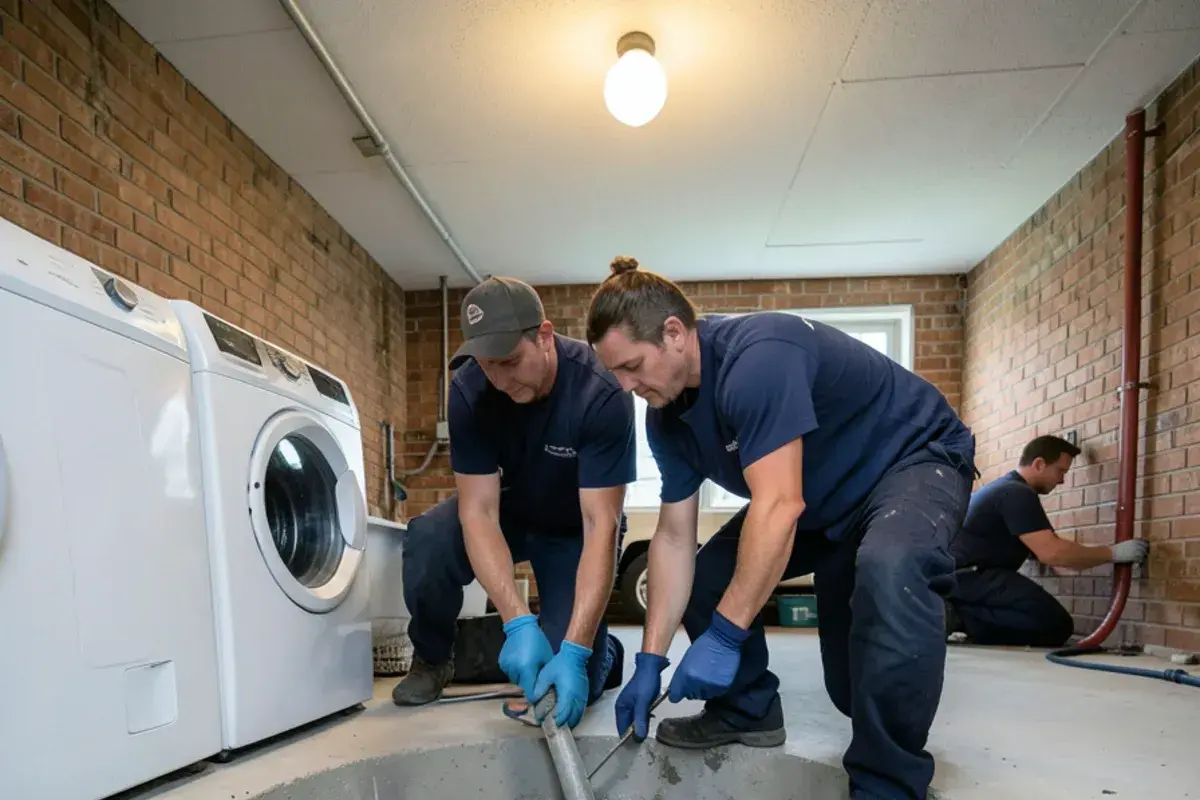 Gray water pooled around a basement floor drain beside a washing machine, a sign of a main line clog