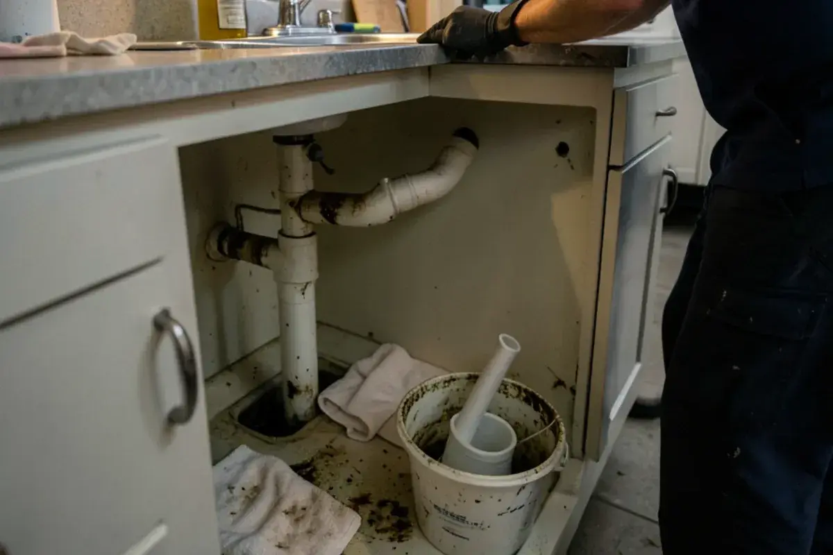 Kitchen sink cabinet open with the P-trap removed into a bucket for a kitchen sink clog