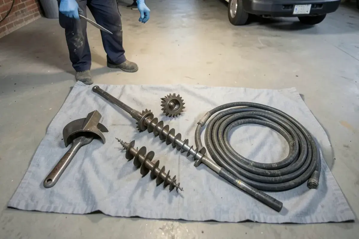 Drain cable cutter heads, a spade blade and a retrieval spring laid out on a drop cloth