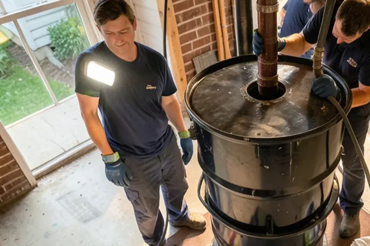 Drum drain machine set up at a 4-inch main line cleanout in a poured concrete basement floor