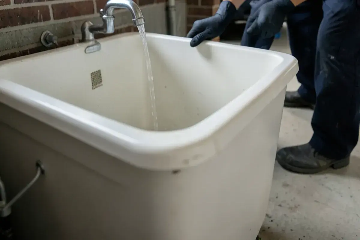 Laundry tub draining freely with the faucet running full after a basement drain line was cleared