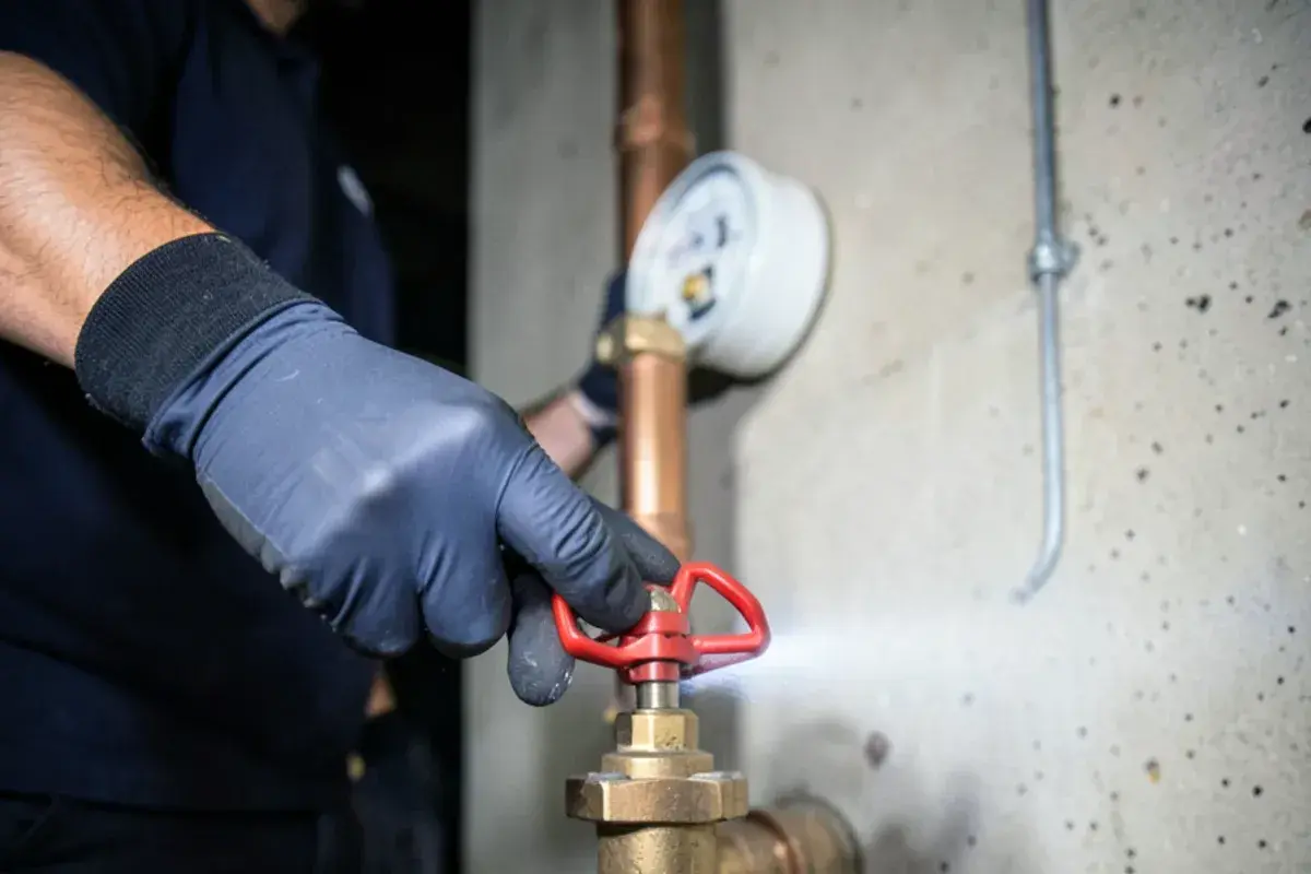 Gloved hand turning a lever-handle main water shutoff a quarter turn beside a basement water meter