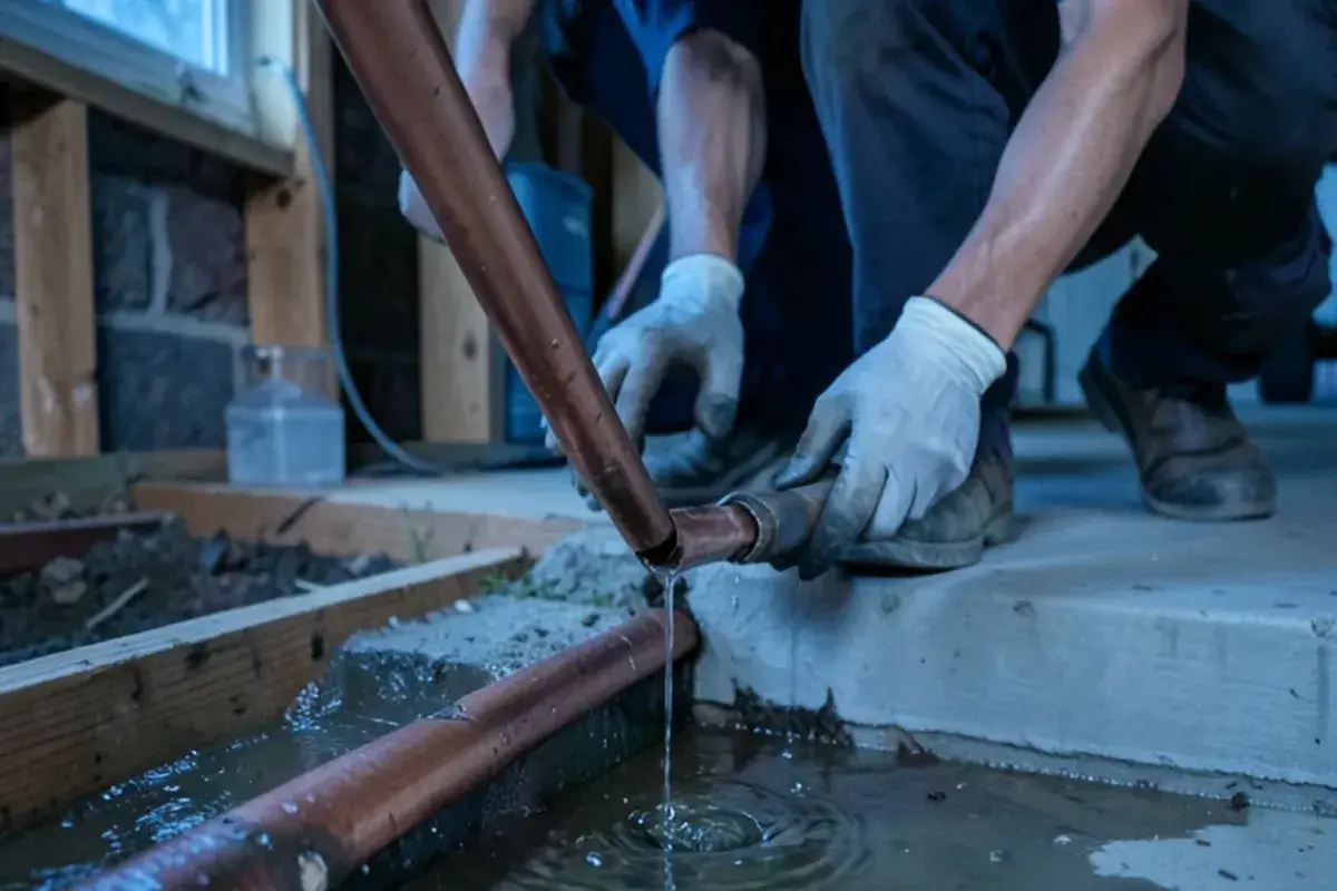 Copper water line split lengthwise between wooden floor joists with water dripping onto a basement floor