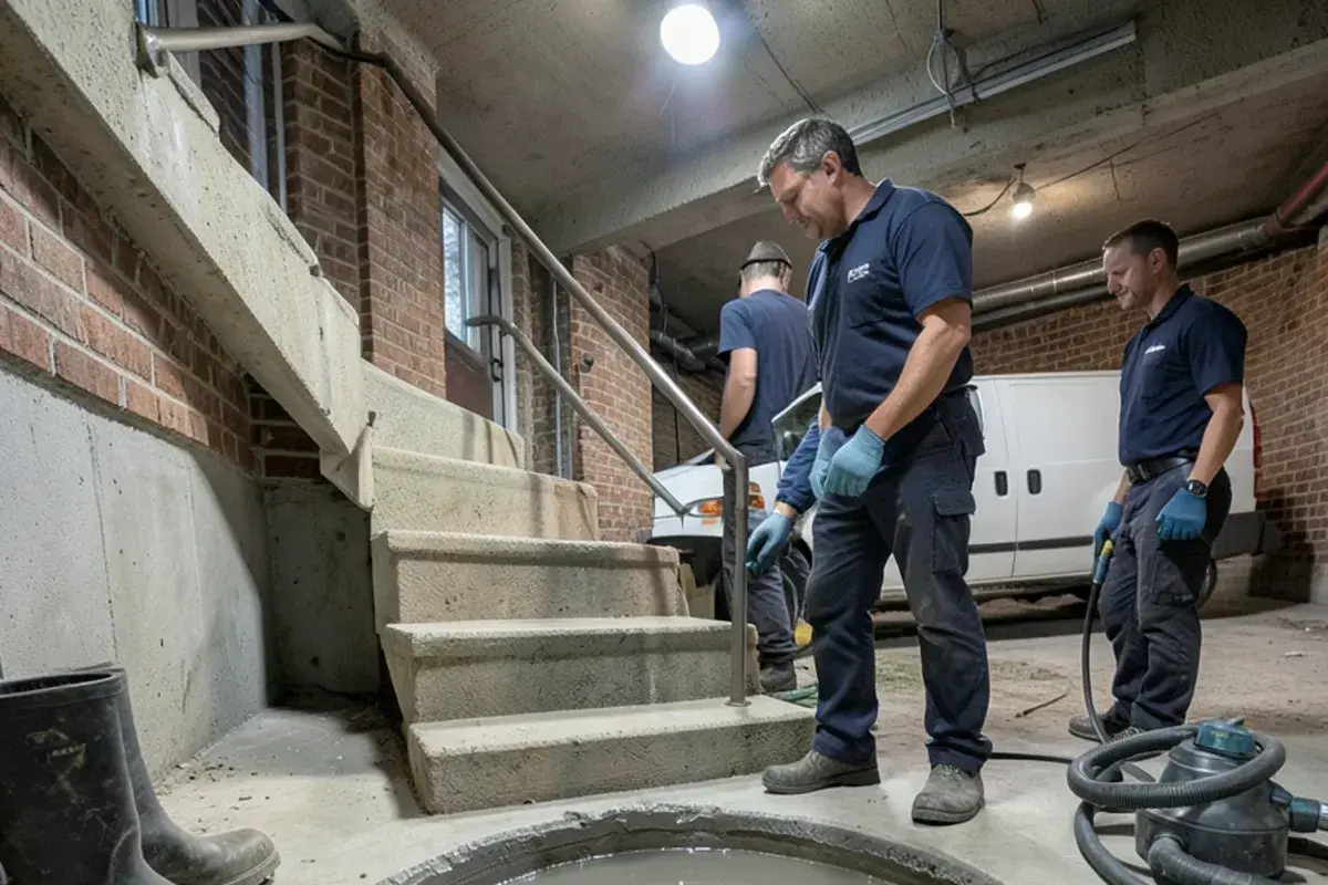 Dark water pooled around a basement floor drain after a sewer backup, with rubber boots and a wet vac nearby