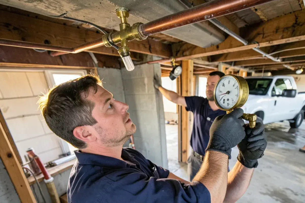 Plumber watching a pressure gauge on a freshly repaired copper line in a basement ceiling
