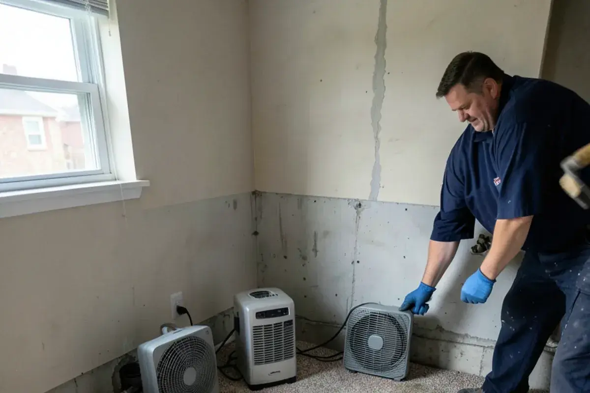 Box fans and a dehumidifier drying a basement floor with the carpet pad pulled back after a leak