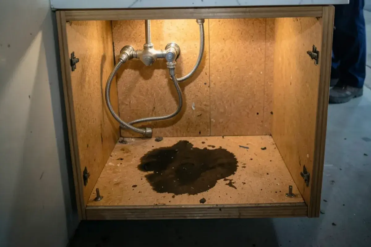 Flashlight on quarter-turn stop valves and braided supply lines under a sink with a water stain on the cabinet floor
