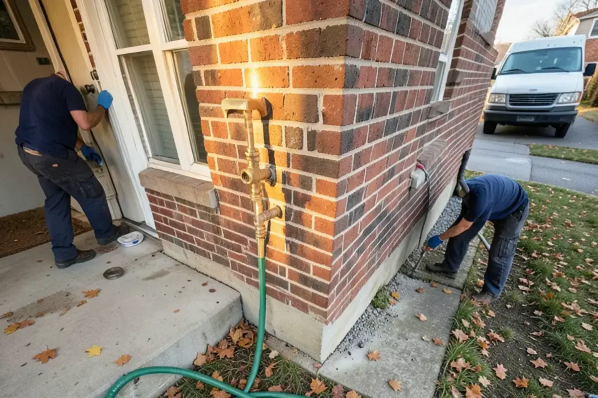 Outdoor faucet with a vacuum breaker on a brick wall in fall with the garden hose disconnected