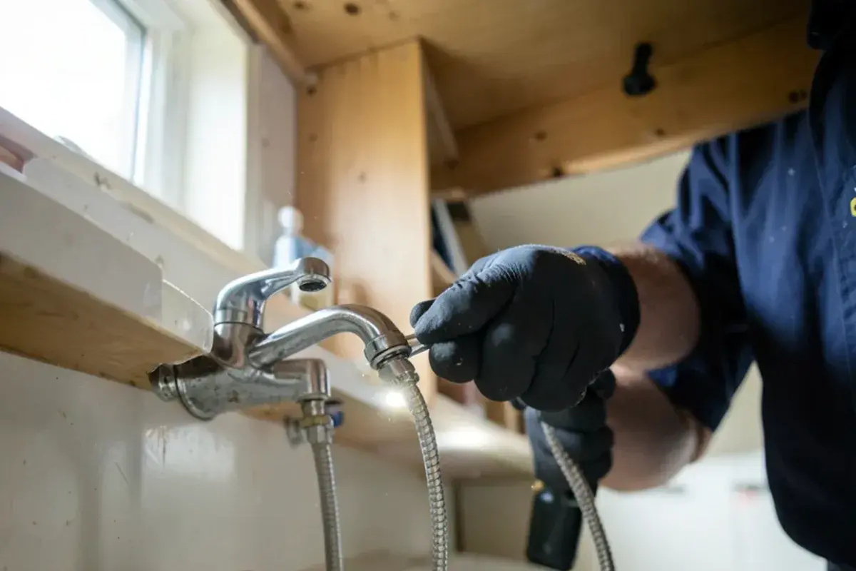 Basin wrench tightening the mounting nut of a new widespread bathroom faucet from below the sink