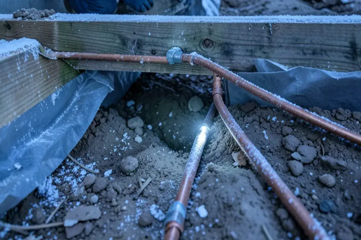 White frost coating a copper supply pipe in a cold crawl space under a home addition