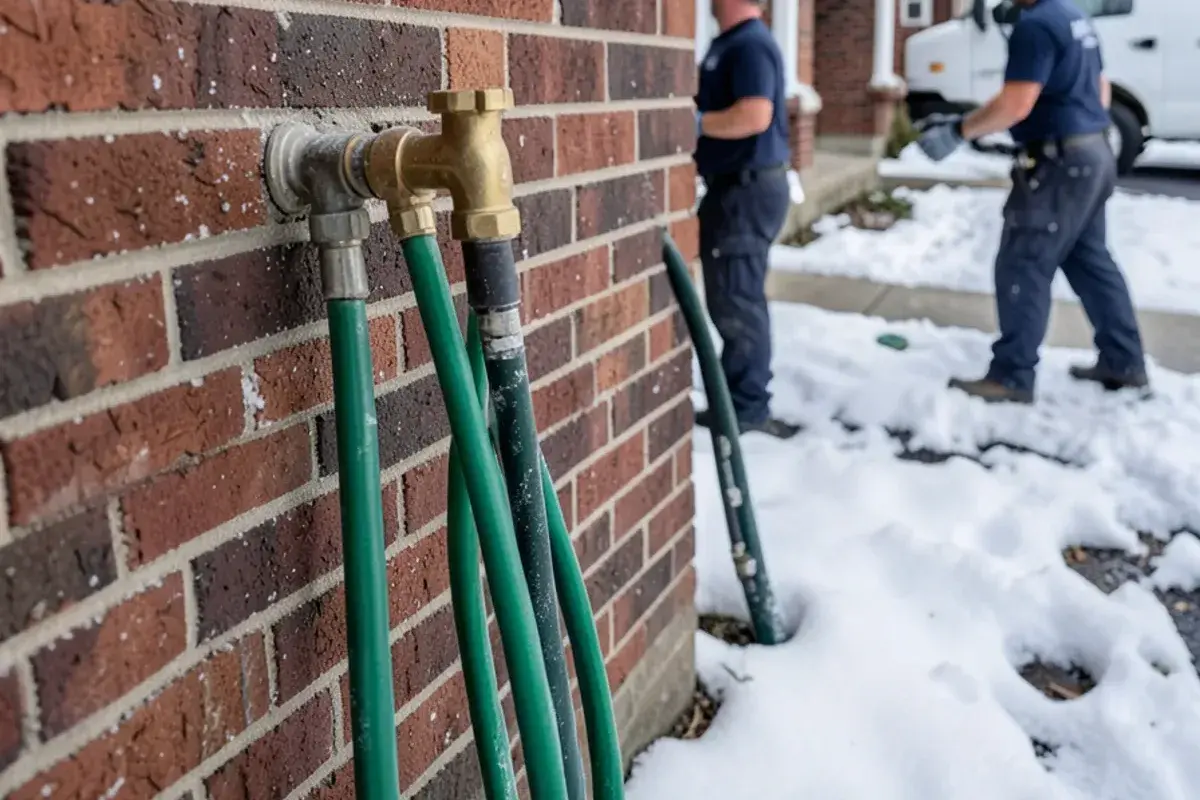 Garden hose still attached to a frost-free outdoor faucet on a brick wall after a snowfall