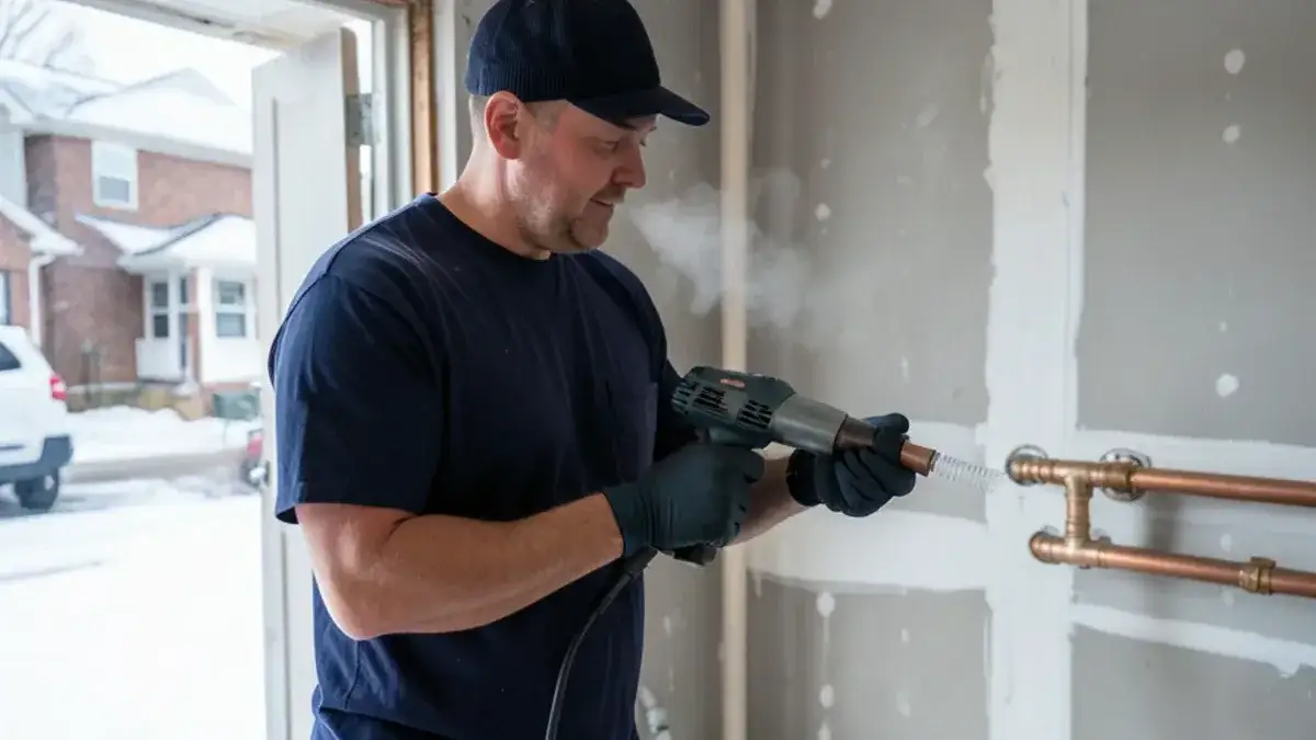 Plumber warming a frosted copper water line inside an opened garage wall in Macomb County during winter