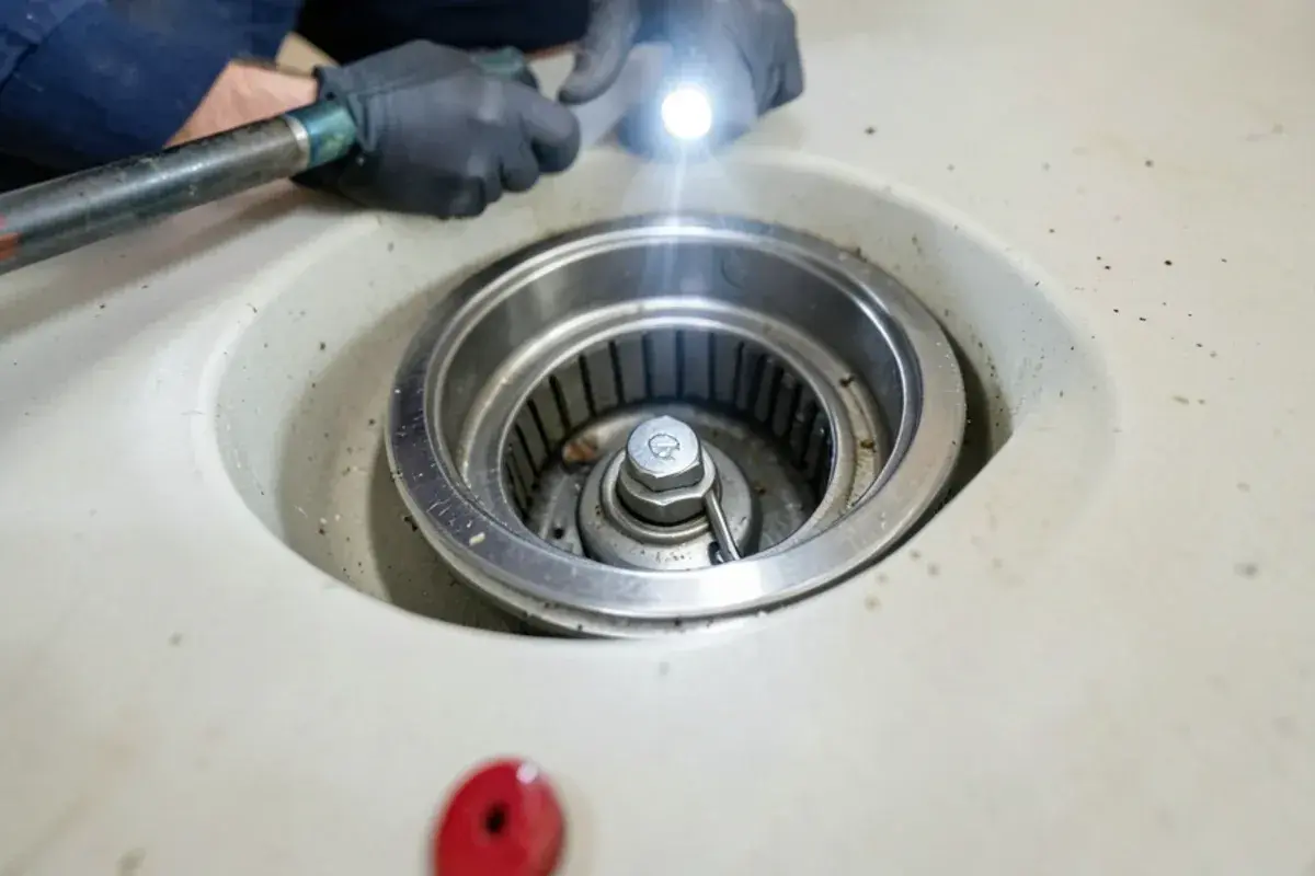 Hex key seated in the socket under a garbage disposal next to the red reset button