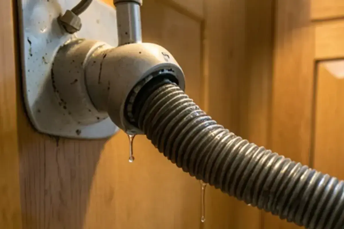 Drip forming at the dishwasher hose clamp on the side of a leaking garbage disposal