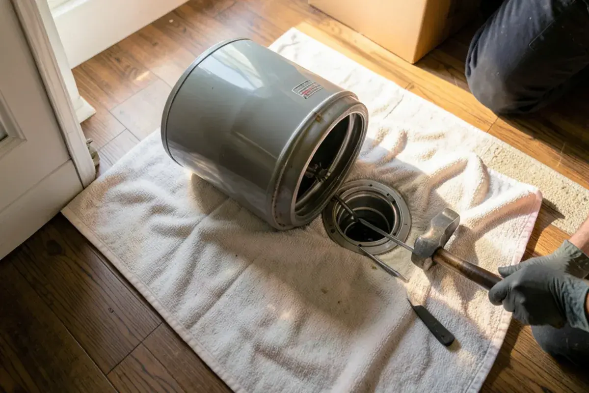 Screwdriver and hammer knocking out the dishwasher inlet plug on a new garbage disposal before installation