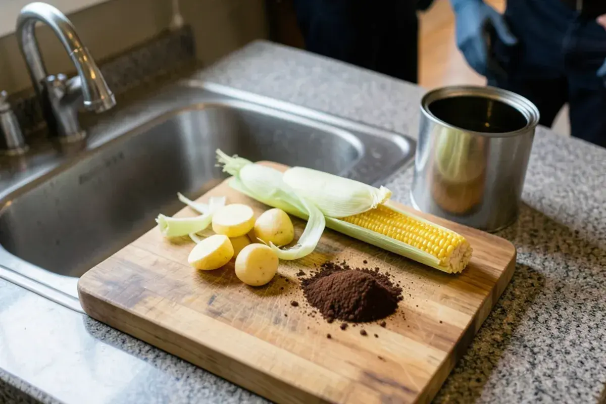 Potato peels, corn husks, coffee grounds and a grease can set aside on a counter instead of going down the disposal