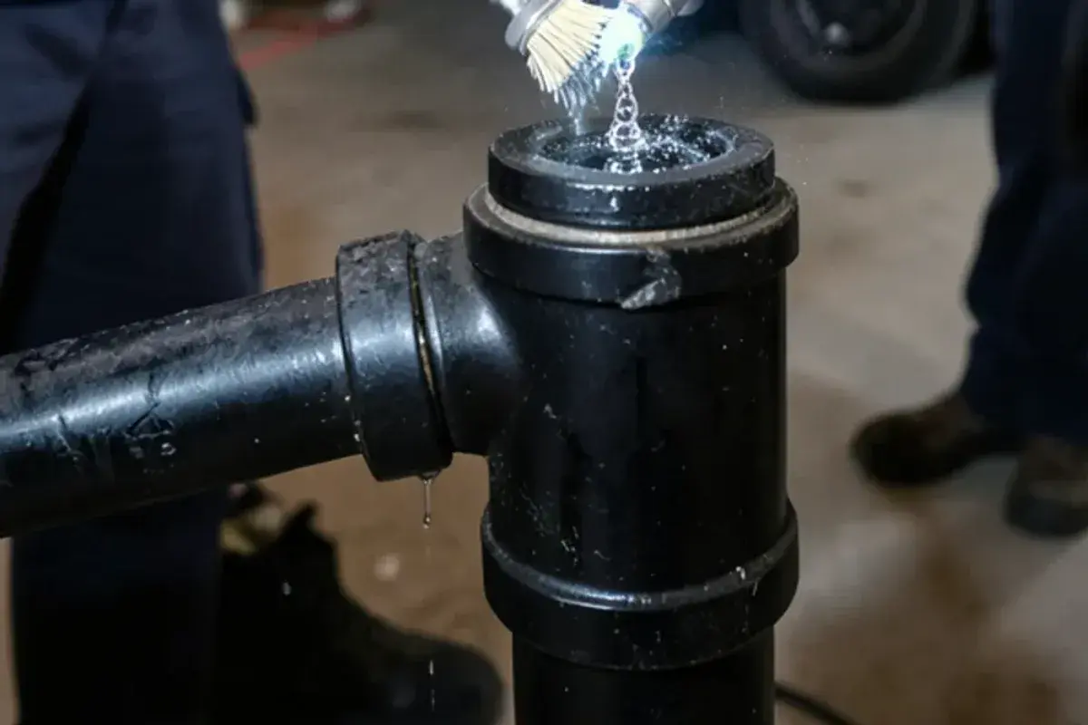 Leak detection solution brushed onto a gas pipe union with a few small bubbles forming