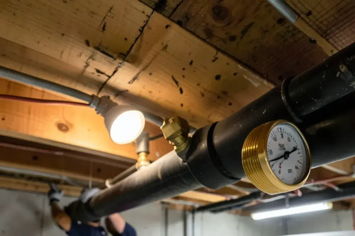 Pressure test gauge threaded onto a capped new gas line in an unfinished basement