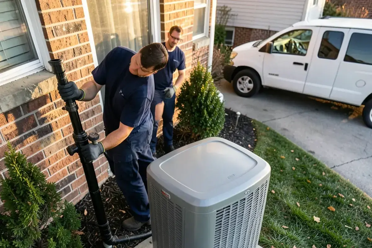 Gas line stubbed up beside a standby generator on a concrete pad next to a brick house