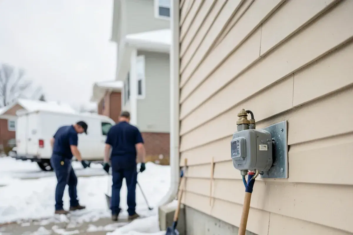 Residential gas meter and regulator on the side of a house with snow cleared away from it