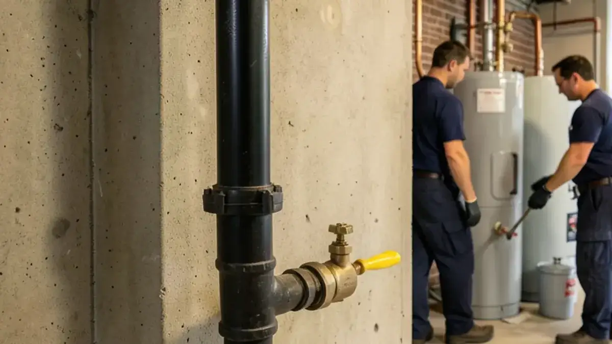 Black iron gas pipe with a yellow-handled shutoff valve feeding a water heater in a Macomb County basement