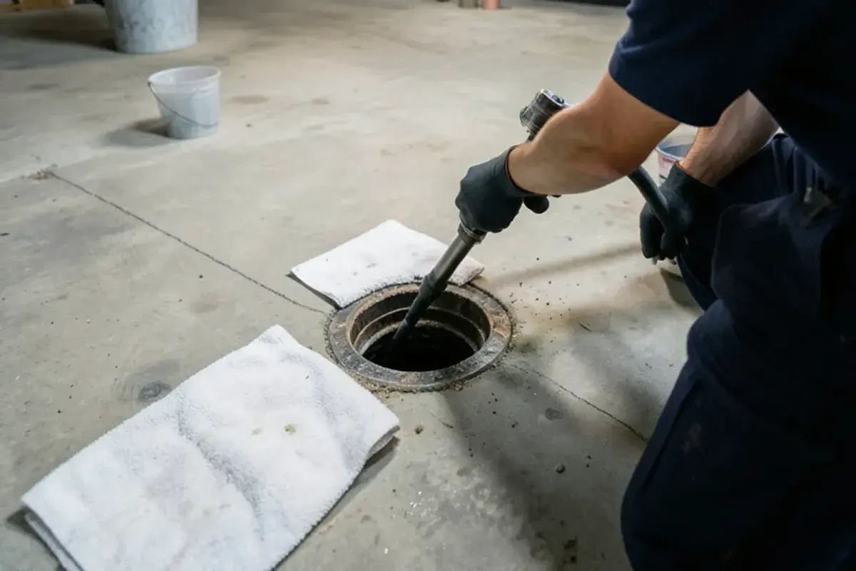 Jetting hose fed into a basement cleanout with towels and a bucket around the opening