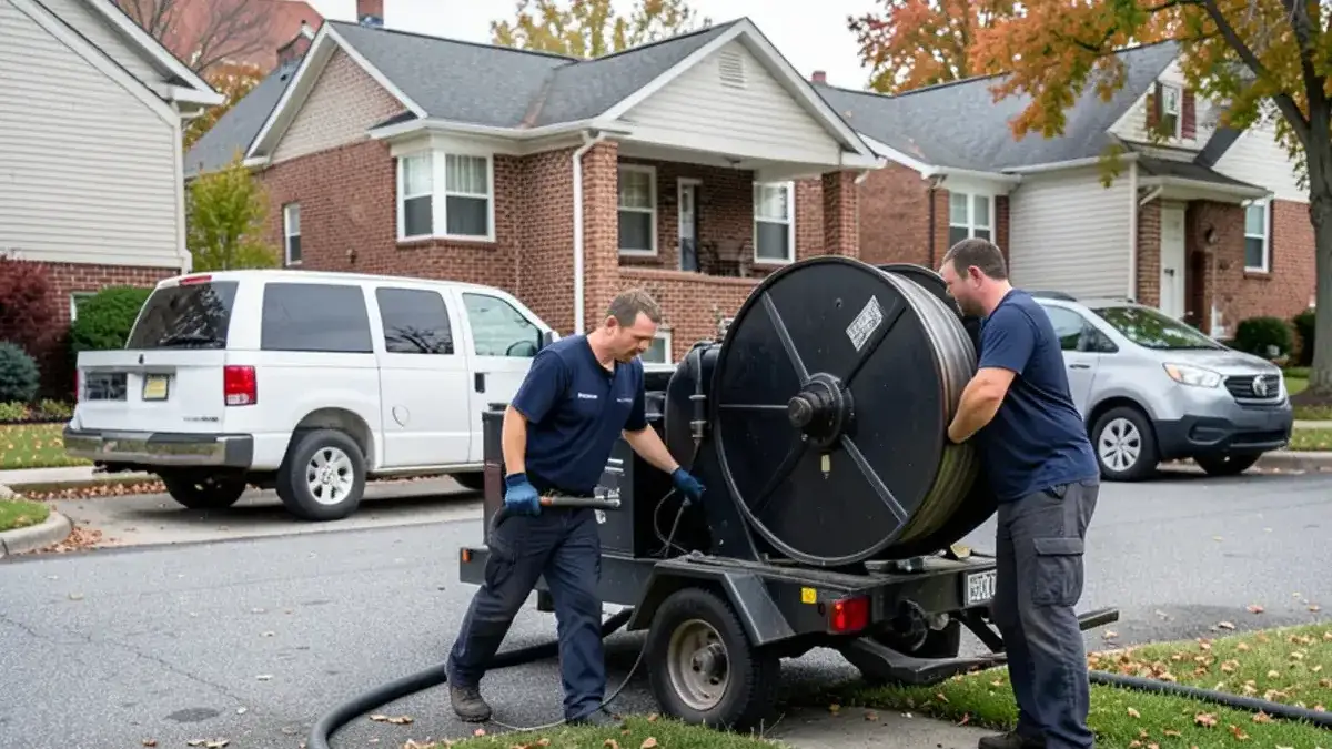 Hydro jetting hose running from a trailer-mounted reel to an outdoor sewer cleanout at a Macomb County house
