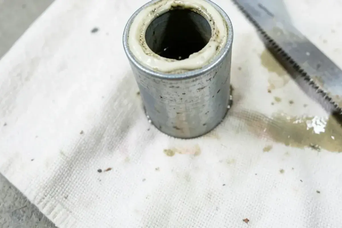 Cut section of an old kitchen drain pipe narrowed by hardened grease laid on a drop cloth