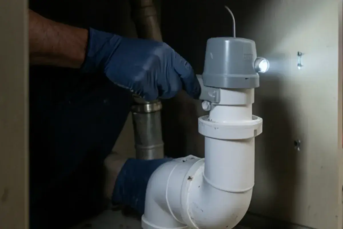 Air admittance valve mounted on the drain under a kitchen island sink