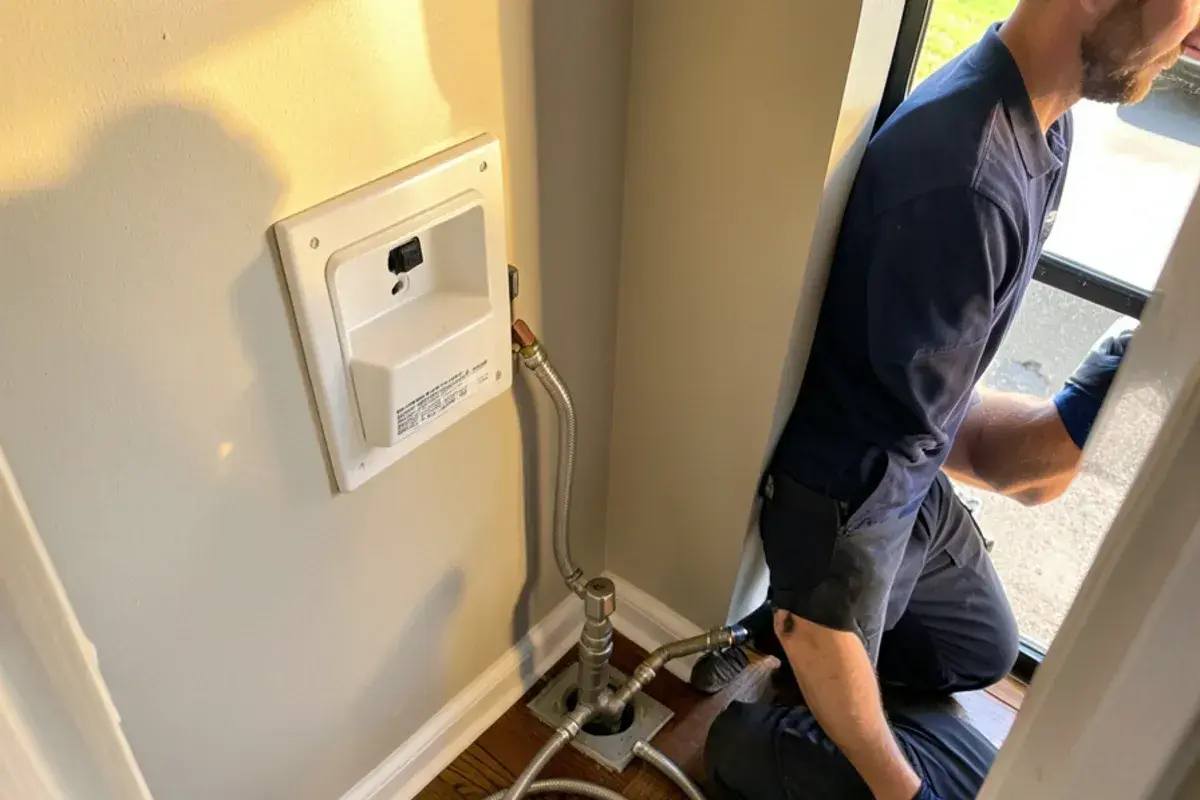 Quarter-turn ice maker valve and braided water line in a wall box behind a refrigerator