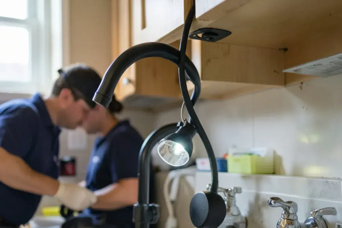 Pull-down kitchen faucet hose and counterweight hanging beside the trap under the sink