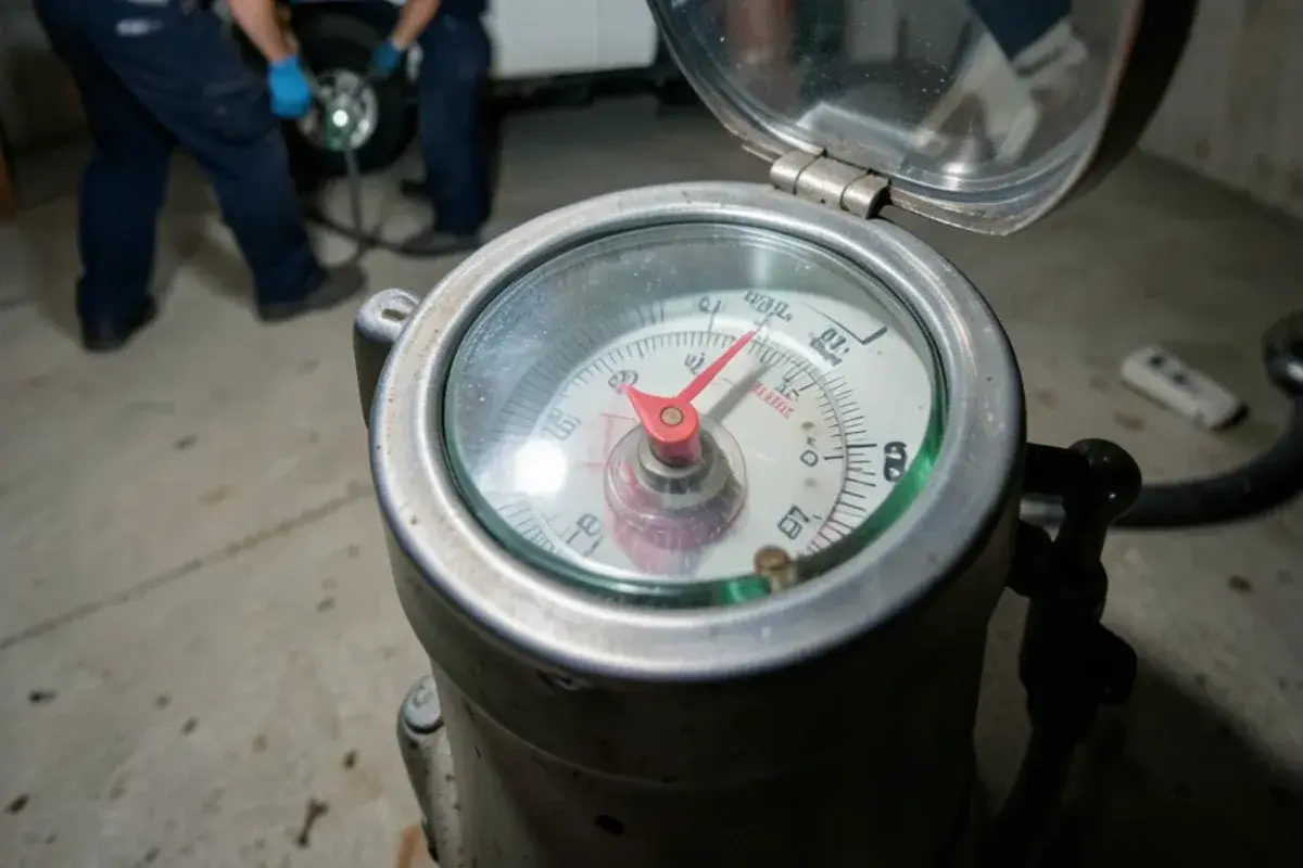 Close-up of a water meter dial with a small red leak indicator triangle turning