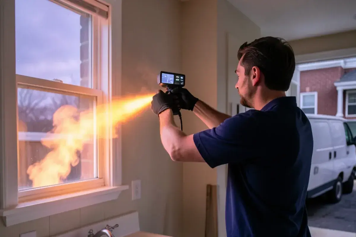 Thermal camera screen showing a warm streak behind a bathroom wall where a hot water line is leaking