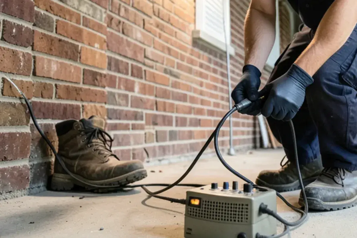 Acoustic ground microphone set on a basement concrete floor with headphones to listen for a leak under the slab