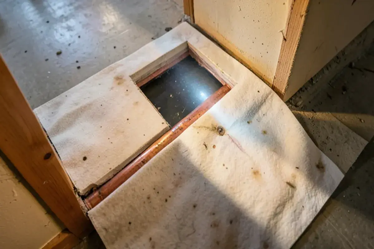 Neat square opening cut in drywall exposing a wet copper water line and a pinhole leak