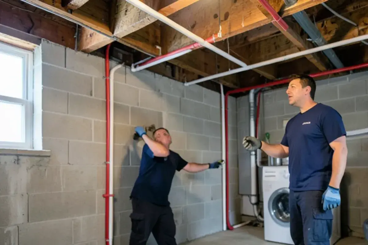 New PEX water line run through basement joists to replace a leaking line under the concrete floor